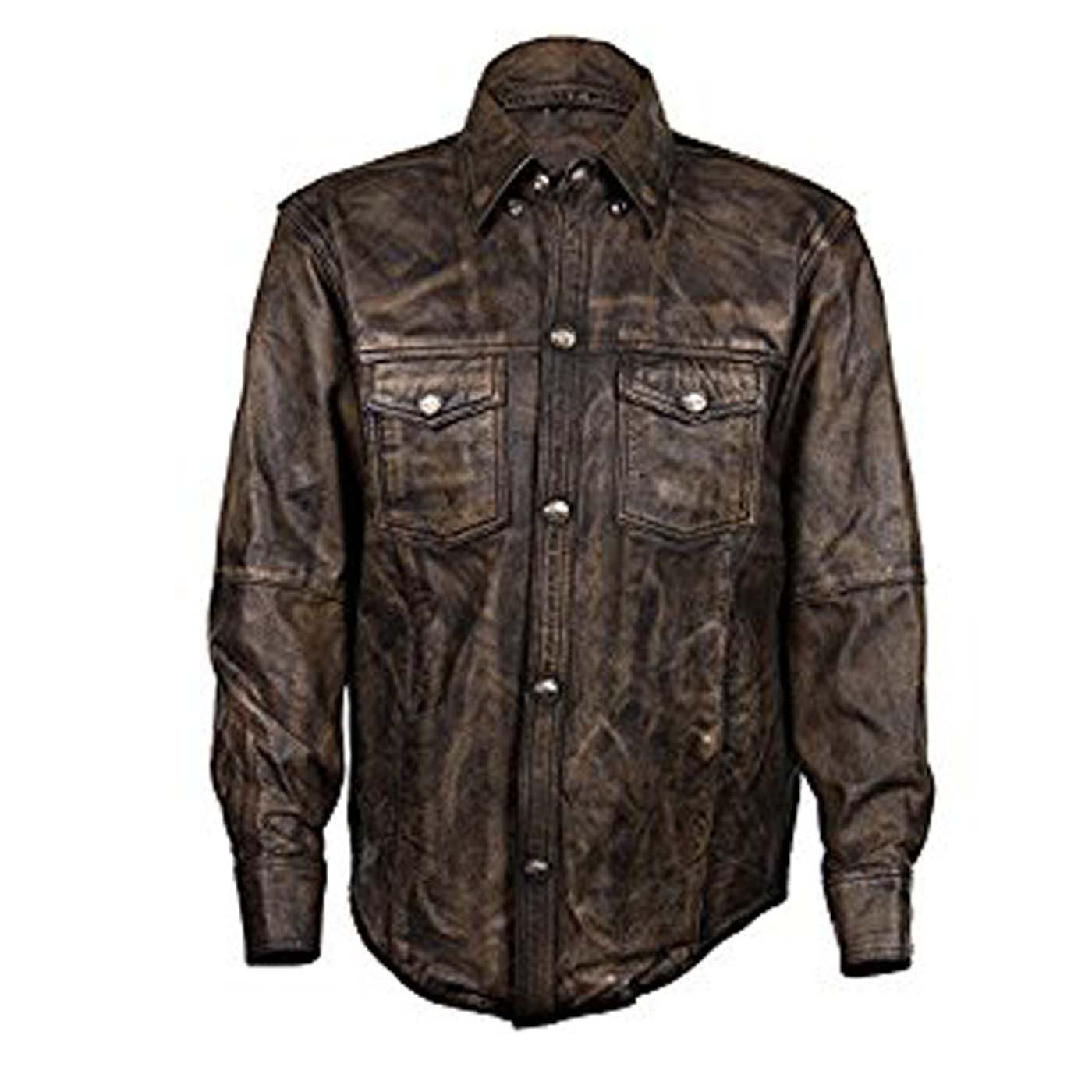 Distressed Brown Leather Shirt with Buffalo Buttons.