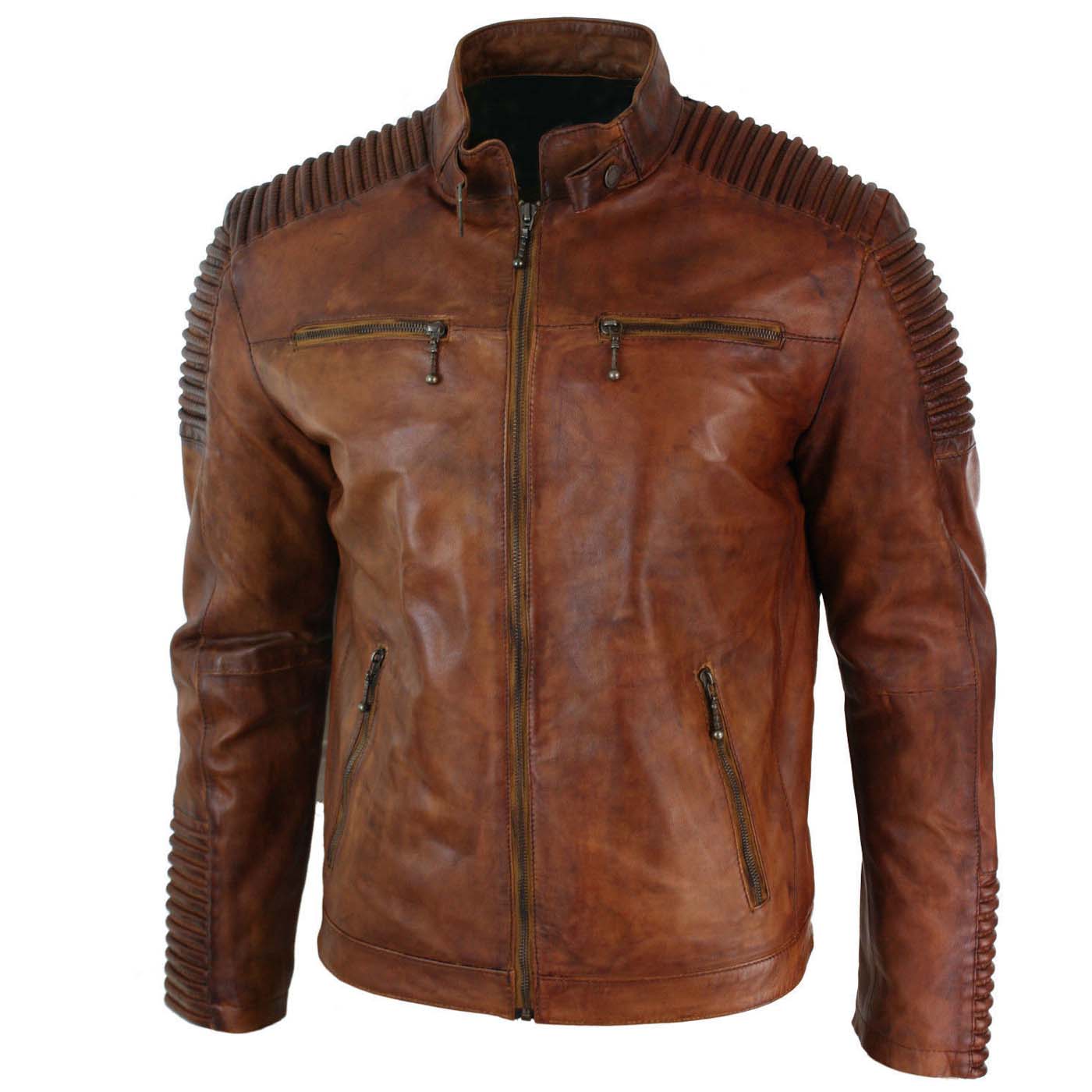 Mens Biker Vintage Cafe Racer Wax Distressed Brown Leather Jacket 1