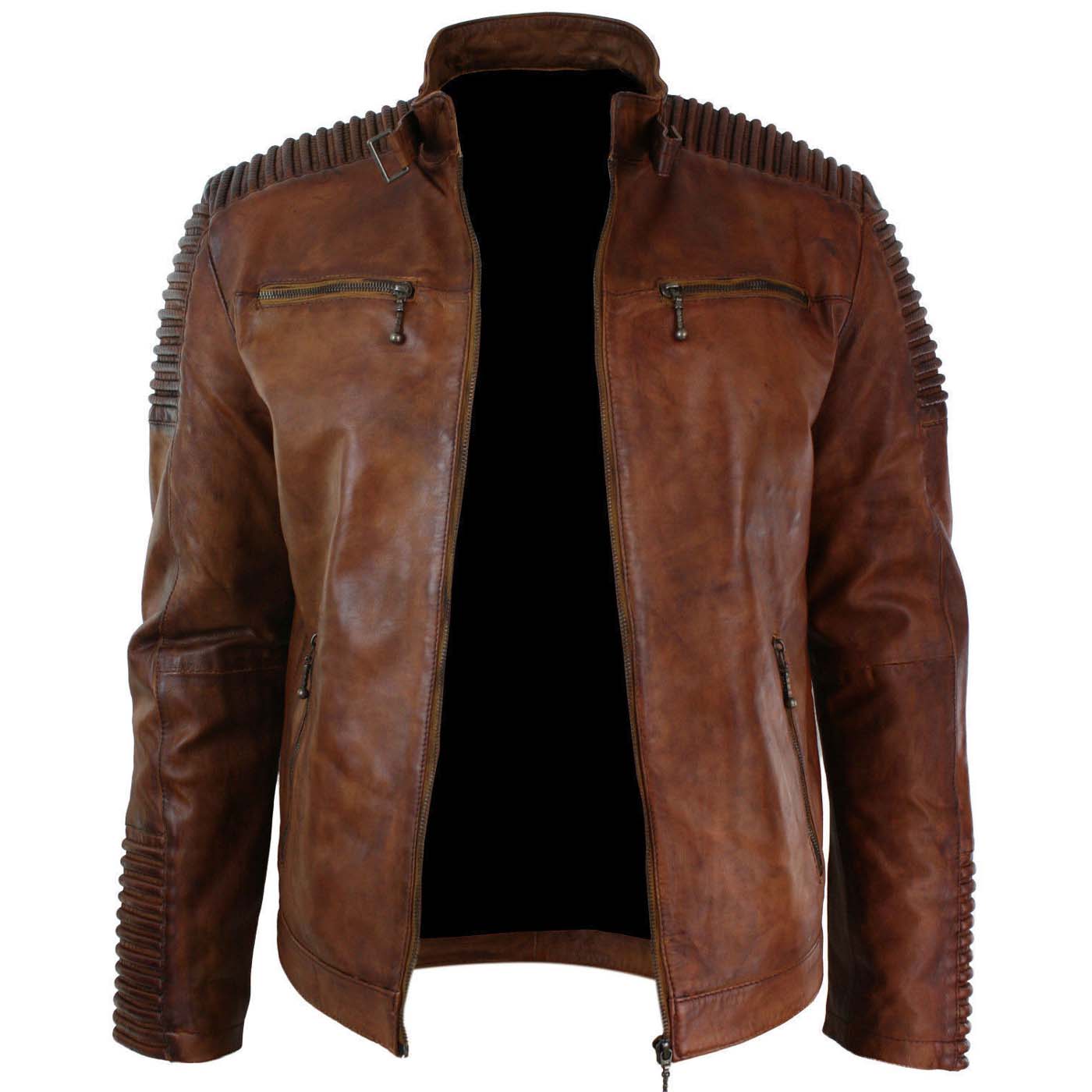 Mens Biker Vintage Cafe Racer Wax Distressed Brown Leather Jacket
