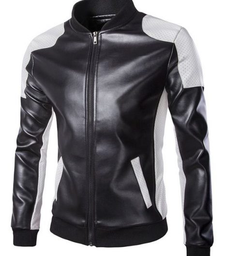 Color Block Ventilate Design Faux Leather Jacket Black