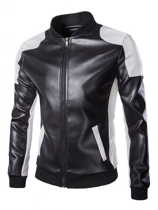 Color Block Ventilate Design Faux Leather Jacket Black