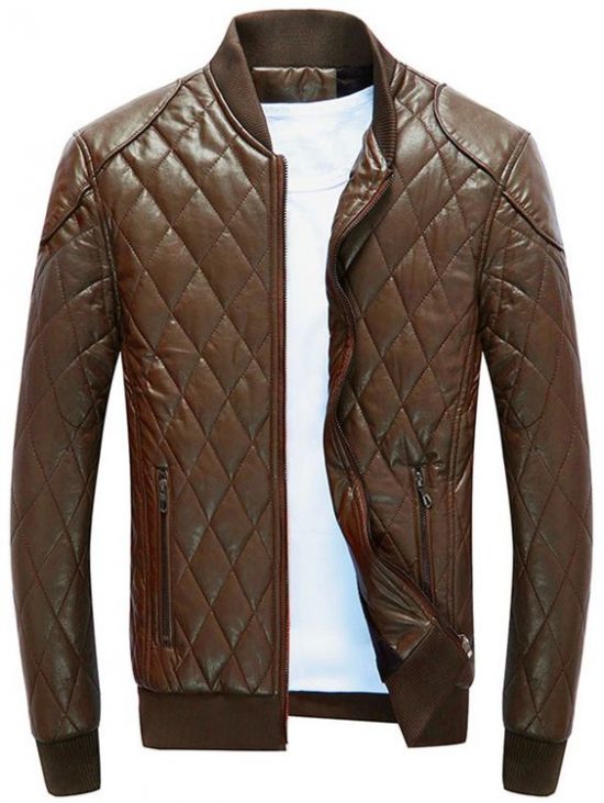 Zip Up Diamond Faux Leather Bomber Jacket Brown