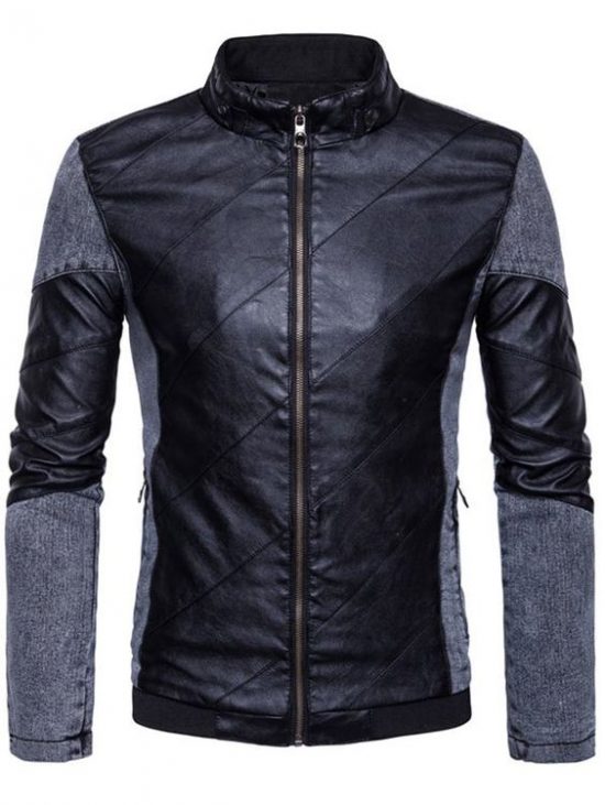 Zip Up Faux Leather Panel Jacket Black