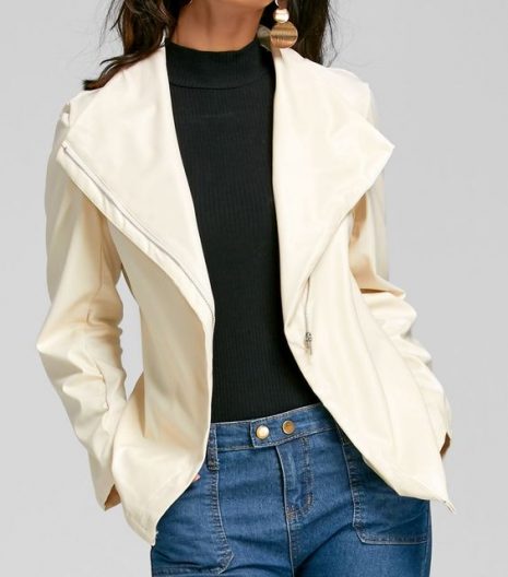 Turndown Collar Zip Up Faux Leather JacketTurndown Collar Zip Up Faux Leather Jacket