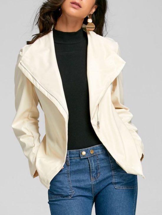 Turndown Collar Zip Up Faux Leather JacketTurndown Collar Zip Up Faux Leather Jacket