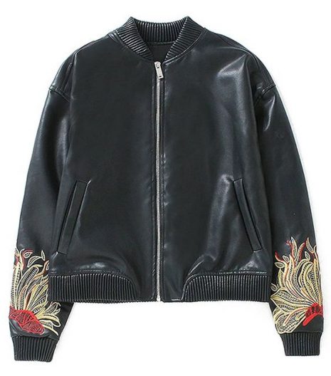 Flower Embroidered Fake Leather Bomber Jacket Black