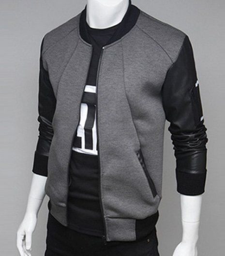 PU Leather Spliced Zip Up Jacket Gray