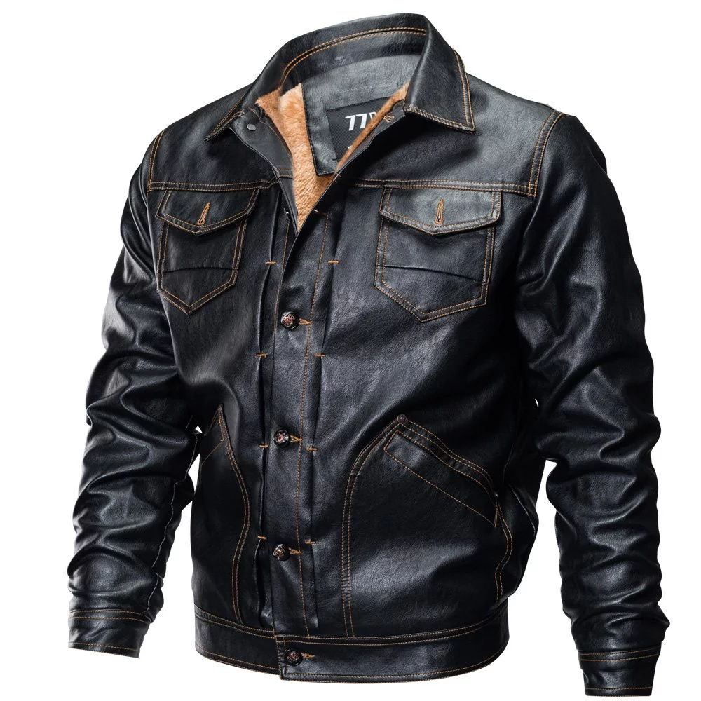 Winter New Mens PU Leather Stand Collar Retro Thick Motorcycle Jackets Black