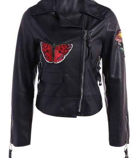 Embroidered Zippers Faux Leather Jacket Black