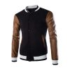 Color Block PU Leather Splicing Stand Collar Long Sleeve Slimming Modish Cotton Blend Baseball Coat For Men - Black