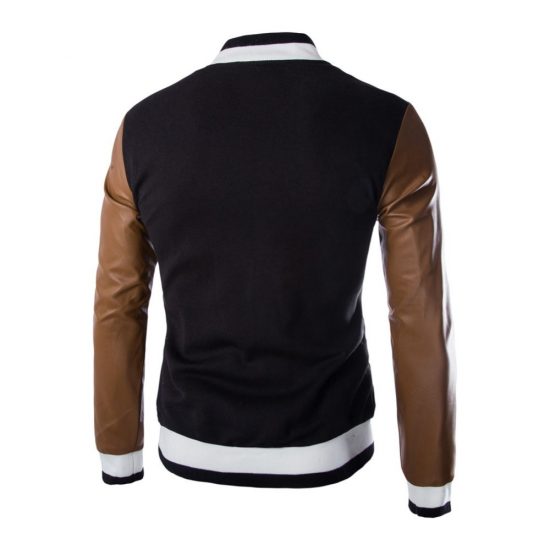 Color Block PU Leather Splicing Stand Collar Long Sleeve Slimming Modish Cotton Blend Baseball Coat For Men - Black