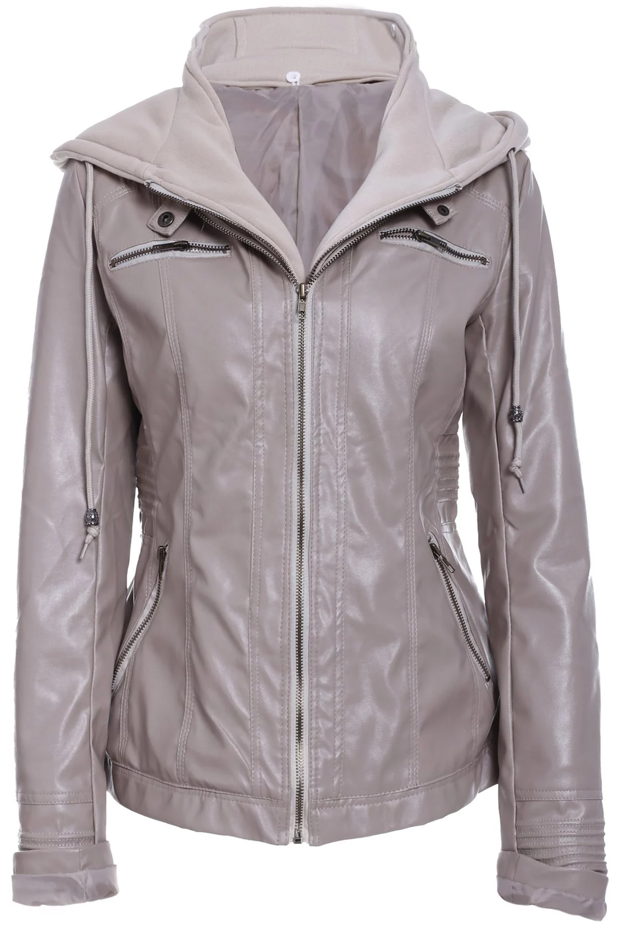 Drawstring Faux Leather Detachable Hooded Jacket Light Khaki
