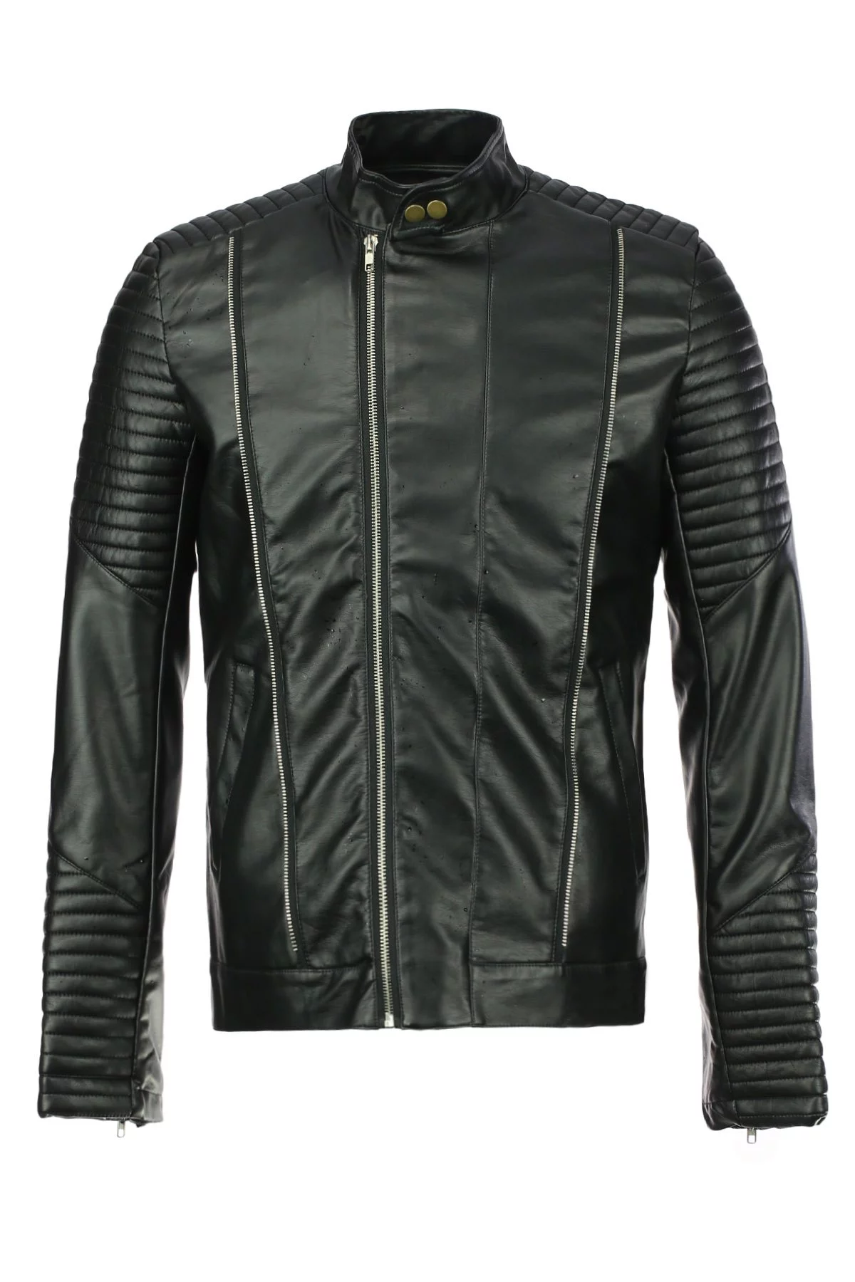Stand Collar Multi-Zipper Stripes Knurling Long Sleeve PU-Leather Jacket For Men Black