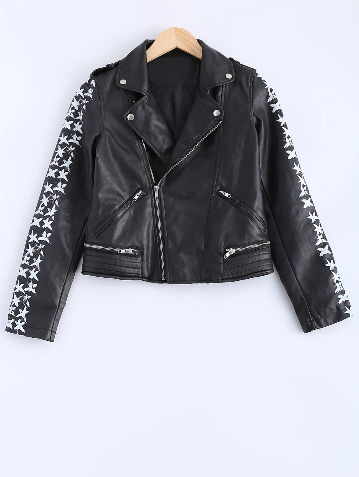 Letter Pattern Lapel Collar PU Leather Jacket Black