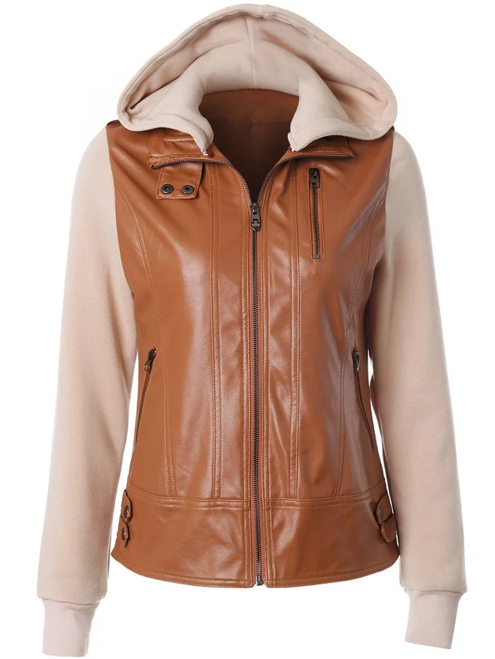 Zipper Design Faux Leather Insert Jacket Camel