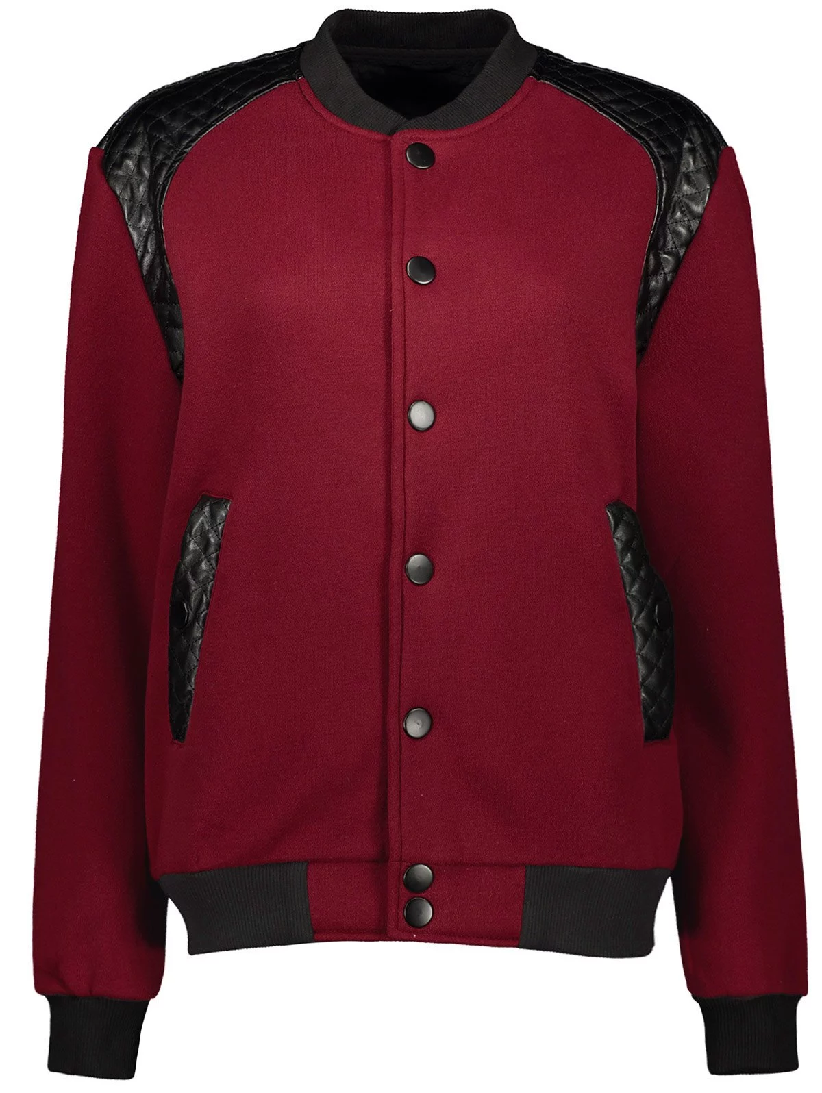 PU-Leather Splicing Design Stand Collar Jacket Claret