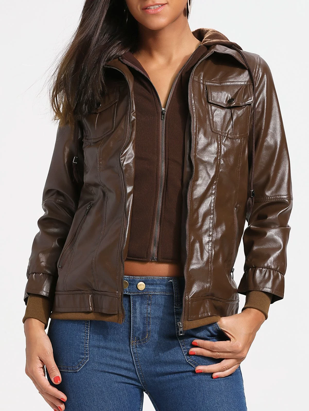 Flap Pockets PU Leather Hooded Jacket Red Brown