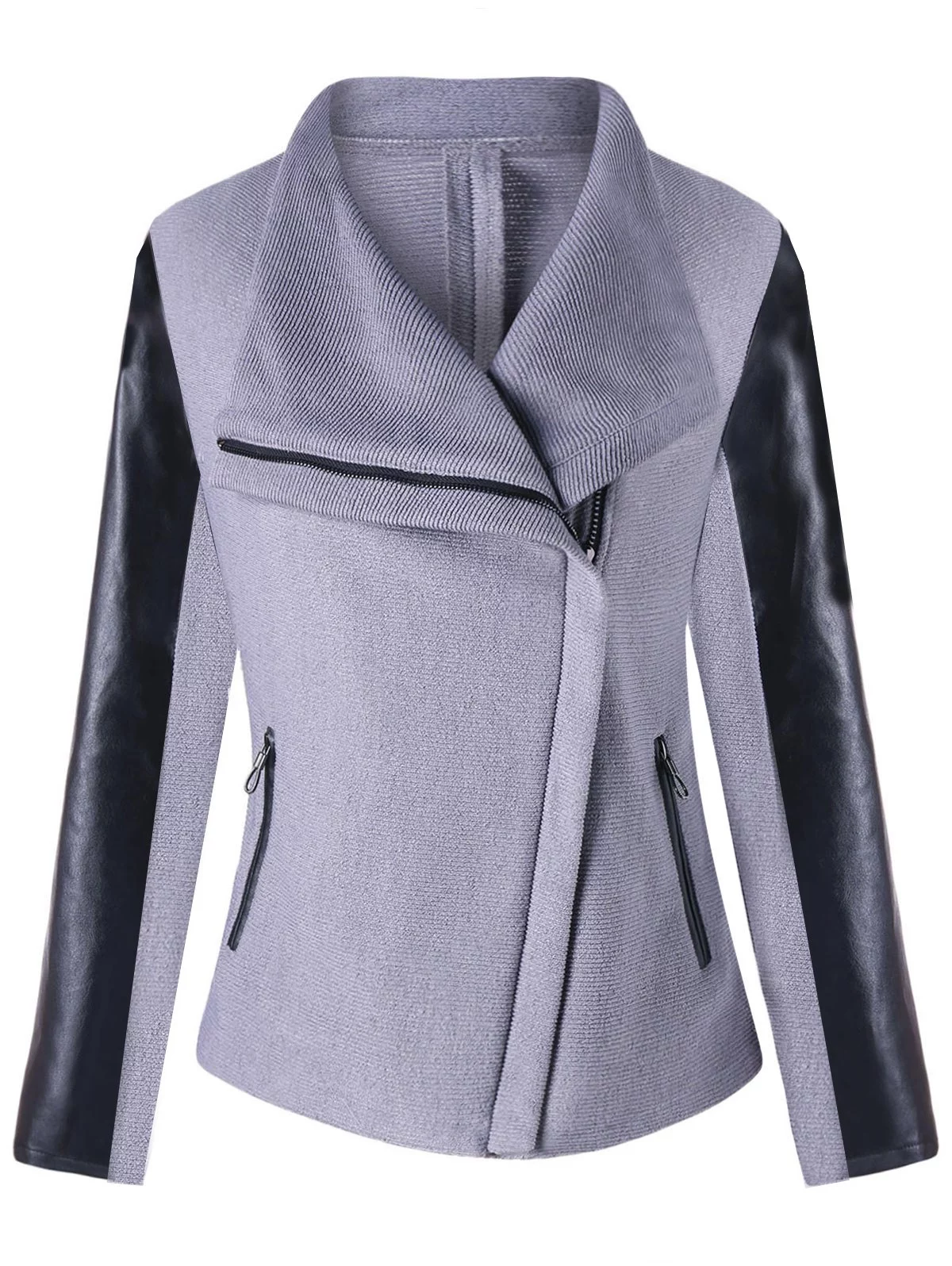 Zipped PU Leather Panel Turndown Collar Jacket Gray