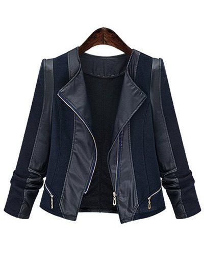 Chic Zipped Leather Patchwork Women's Jacket Black