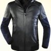 Splicing Zippered Ribbed Faux Leather Hooded Jacket Black