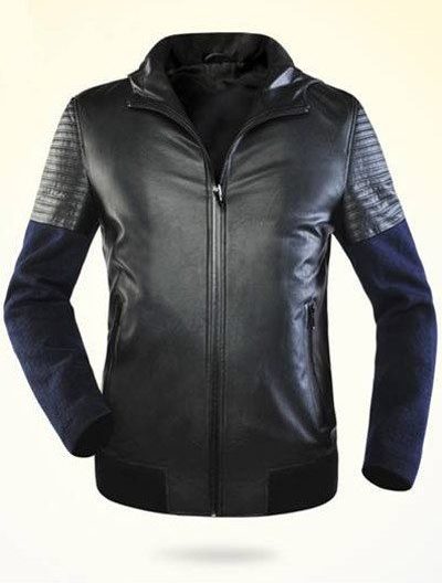 Splicing Zippered Ribbed Faux Leather Hooded Jacket Black