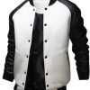 PU Leather Insert Snap Button Up Raglan Sleeve Jacket White