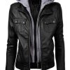 Fashionable Black Hooded Pocket Design Faux Leather Jacket For Women Black