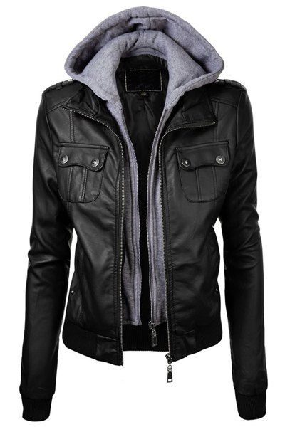 Fashionable Black Hooded Pocket Design Faux Leather Jacket For Women Black