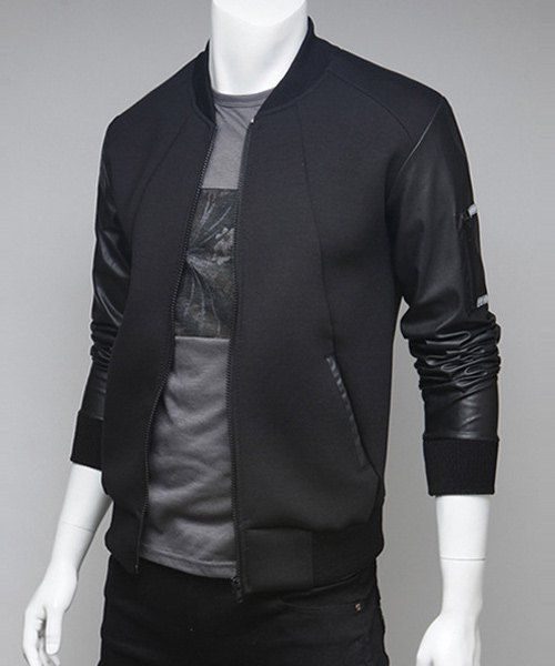 PU Leather Spliced Zip Up Jacket Black