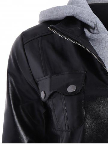 Black Hooded Pocket Design Faux Leather Jacket For Women