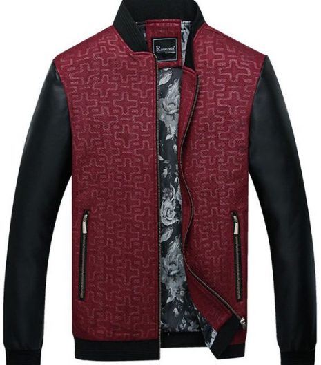 Geometric Print PU Leather Panel Zip Up Jacket Red