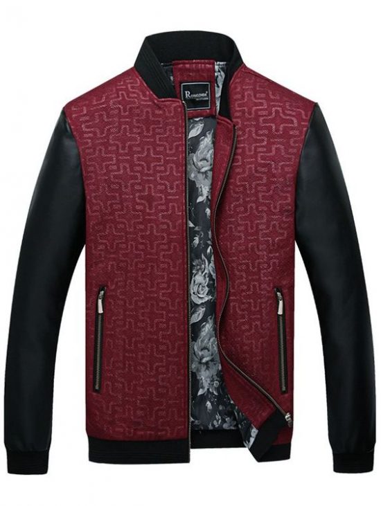 Geometric Print PU Leather Panel Zip Up Jacket Red