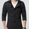Slimming Turn-down Collar PU Leather Spliced Button and Epaulet Design Long Sleeves Woolen Blend Coat For Men Deep Gray