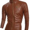 Zippered Stand Collar Plain Faux Leather Jacke