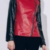 Chic Turn-Down Collar Pure Color Splicing Long Sleeve PU Jacket For Women Wine Red