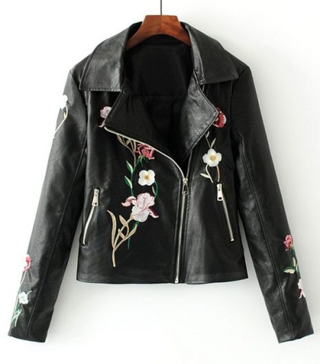 Floral Embroidered Faux Leather Biker Jacket Black
