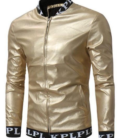 Graphic Ribbed Zip Up PU Leather Lame Jacket Golden