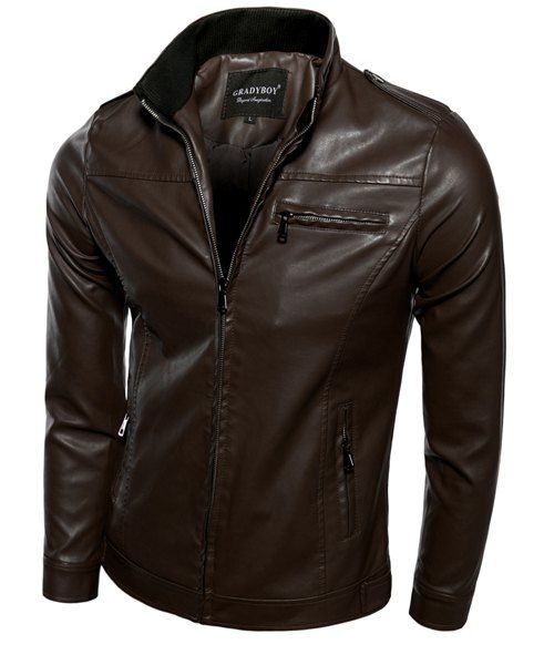 Slimming Rib Stand Collar Leather Motorcycle Jacket