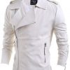 Zipper PU-Leather Turn-Down Collar Long Sleeve Men's Jacket White