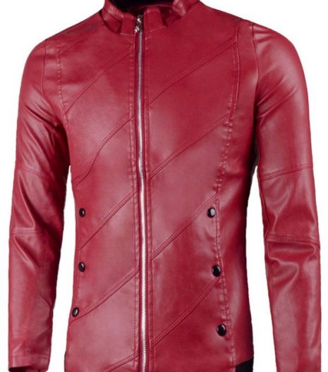 Flap Button Embellished Faux Leather Jacket Red