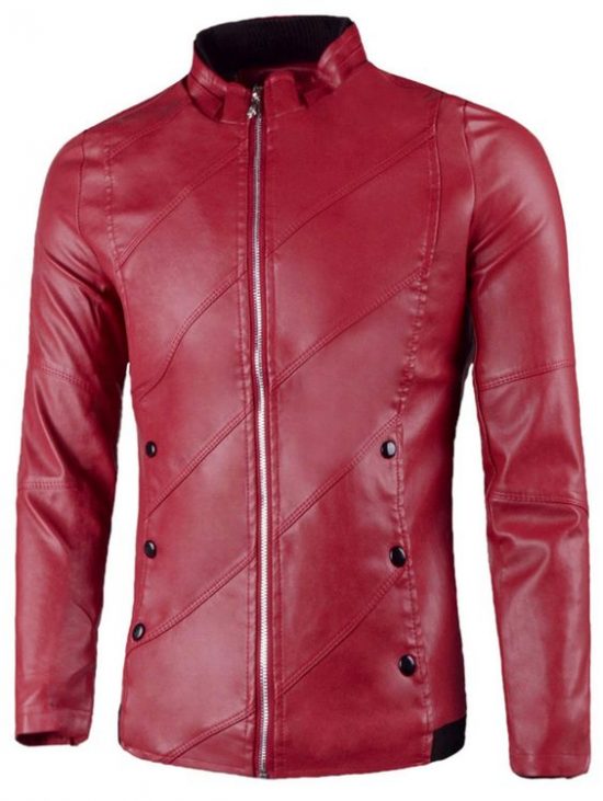 Flap Button Embellished Faux Leather Jacket Red