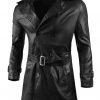Double Breasted Belted Leatherette Trench Coat
