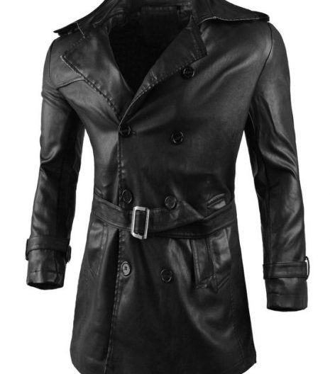 Double Breasted Belted Leatherette Trench Coat