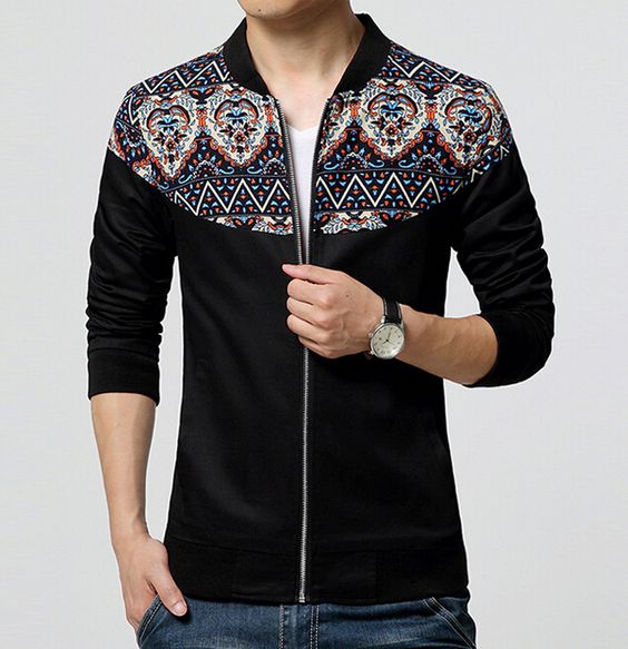 Stand Collar Ethnic Style Print Rib Spliced Zip-Up Jacket