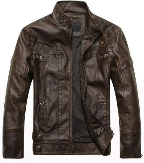 Stand Collar Panel Design PU Leather Fleece Jacket Coffee