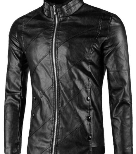 Flap Button Embellished Faux Leather Jacket Black
