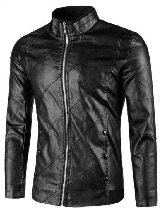 Flap Button Embellished Faux Leather Jacket Black