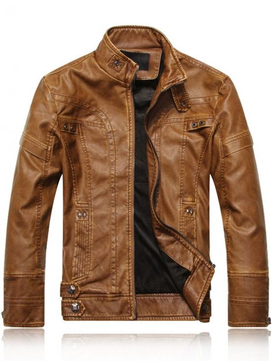 Stand Collar Panel Design PU Leather Fleece Jacket Coffee