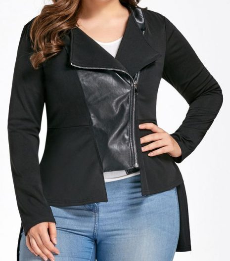 Plus Size High Low PU Leather Panel Jacket Black