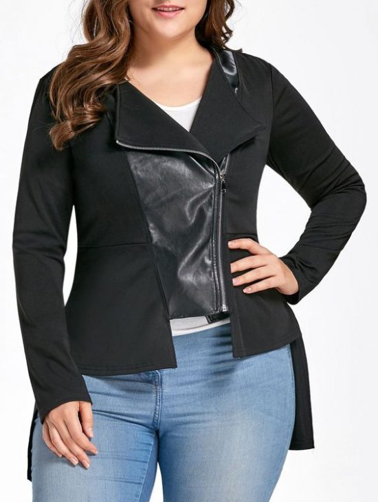 Plus Size High Low PU Leather Panel Jacket Black